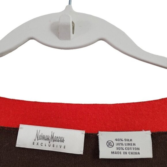 Neiman Marcus Cardigan Womens XL Brown Colorblock Silk Linen‎ Sweater Button Up - Picture 4 of 9